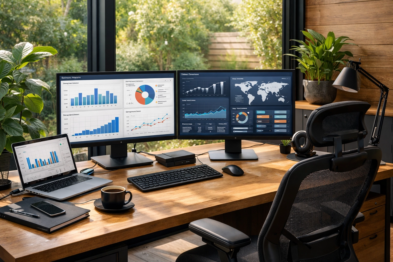 Desk with multiple screens showing operations management systems with charts, in front of a garden.