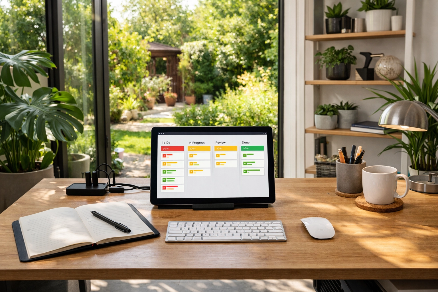 Photo of a tablet on a desk with keyboard, mouse, planner and plants in a garden office.