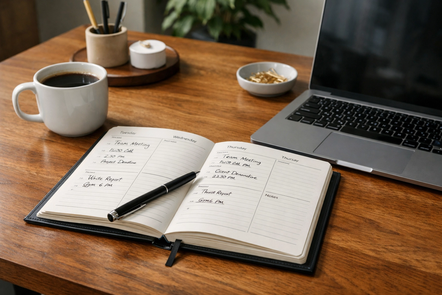 Clean desk in a garden office with an open planner beside a premium laptop and a coffee cup, in natural light.